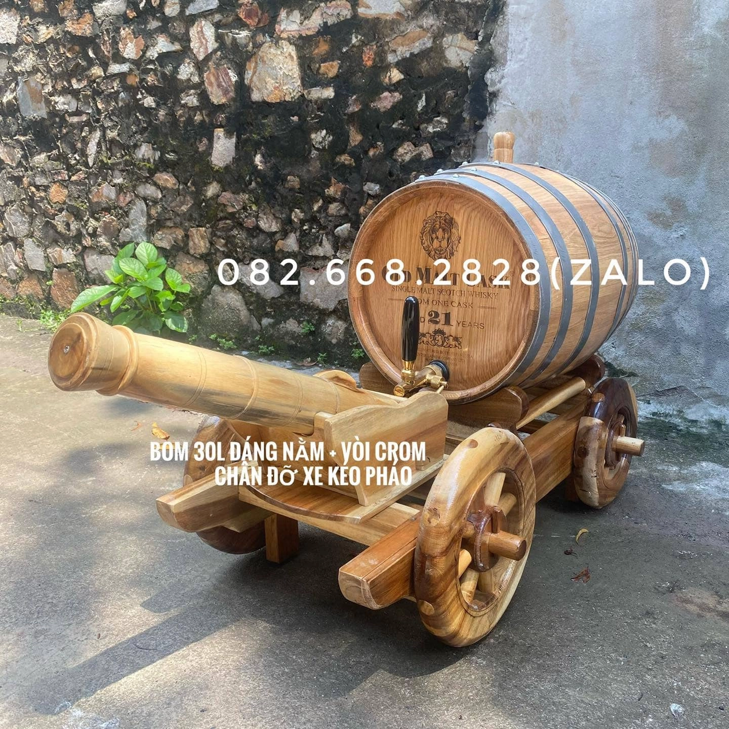 Thùng rượu gỗ sồi 30 lít kèm xe kéo pháo gỗ keo