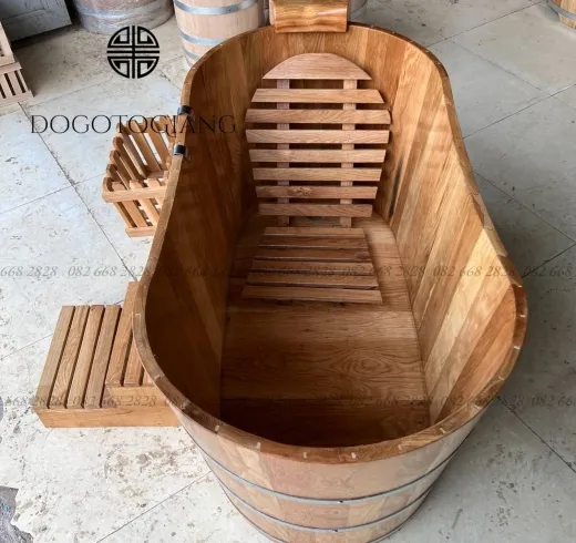 Bồn tắm dài gỗ sồi kèm phụ kiện