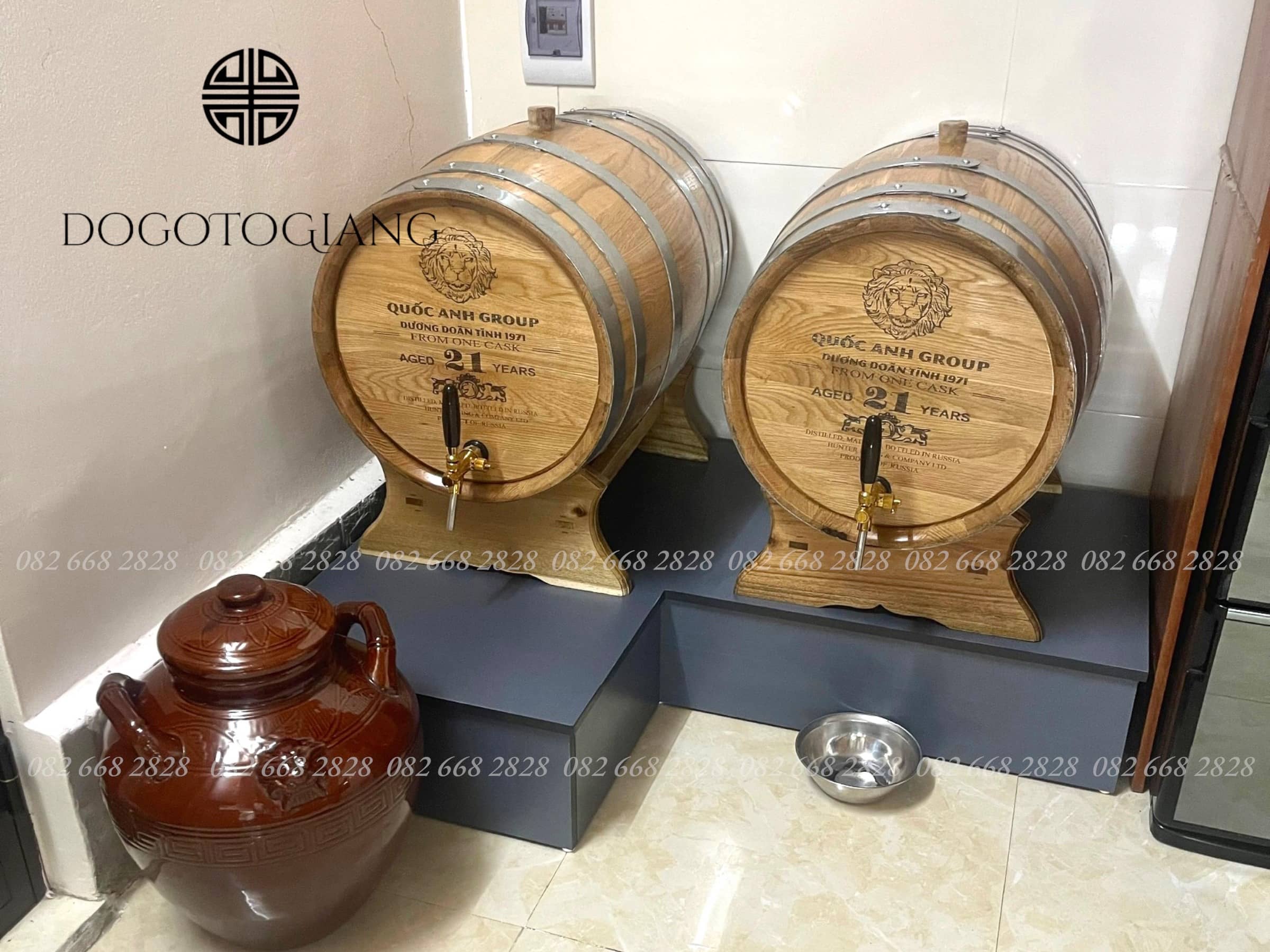 Thùng gỗ sồi 100 lít mặt in theo yêu cầu 